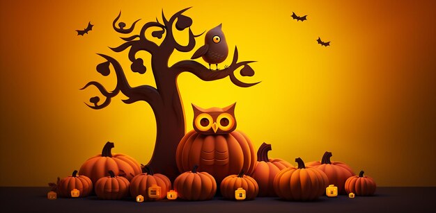 Happy halloween tree halloween card with pumpkins and o