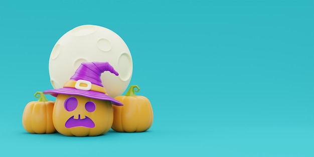 달 3d 렌더링 아래 마녀 모자를 쓰고 JackoLantern 호박 캐릭터와 함께 해피 할로윈