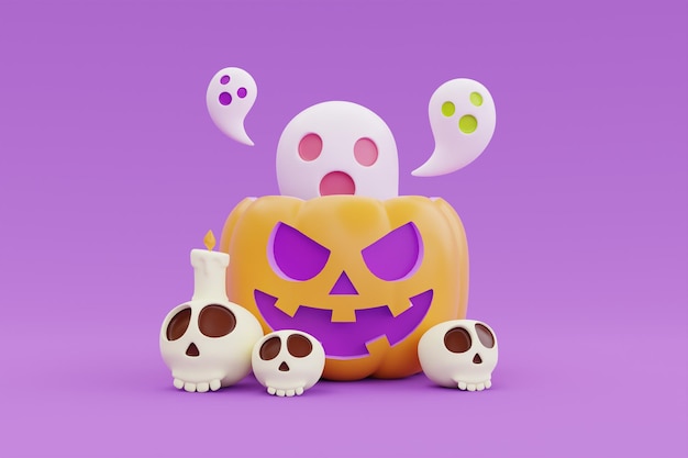 Photo happy halloween with jackolantern pumpkins bones and ghost on purple background traditional october holiday 3d rendering