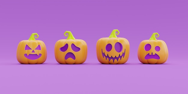 紫色の背景の伝統的な 10 月の休日 3 d レンダリングに JackoLantern カボチャのキャラクターとハッピーハロウィン