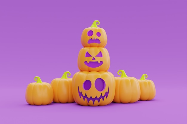 Happy Halloween with JackoLantern pumpkins character on purple background traditional october holiday 3d rendering