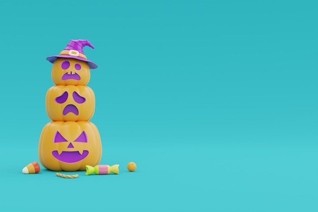 Happy Halloween with JackoLantern pumpkins character wearing witch hat and colorful candies 3d rendering