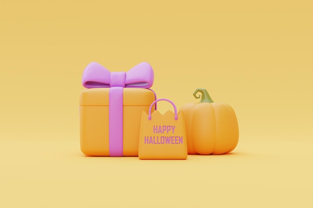 노란색 배경의 전통적인 10월 휴일 3d 렌더링에 Jackolantern 호박 쇼핑백과 선물 상자가 있는 해피 할로윈