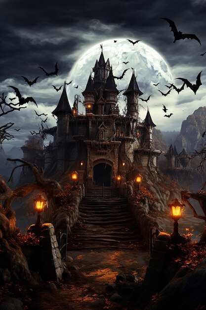 Happy halloween with night and scary castle