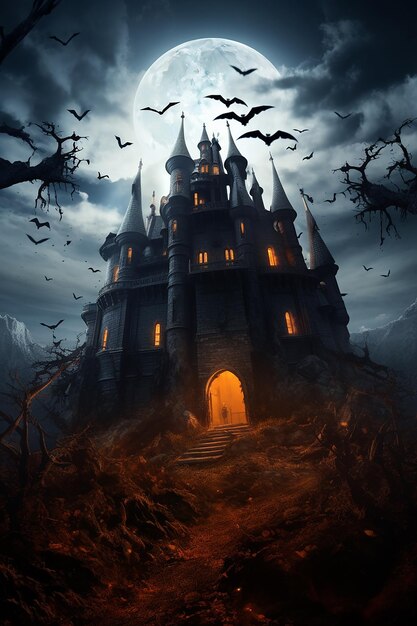 Happy halloween with night and scary castle