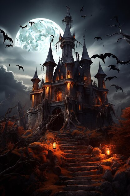 Happy halloween with night and scary castle