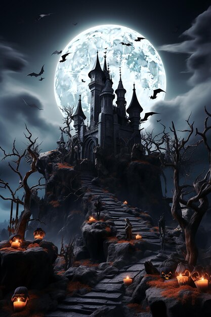 Happy halloween with night and scary castle