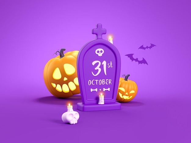 Happy Halloween with pumpkin character on purple background with grave bat candles skulls