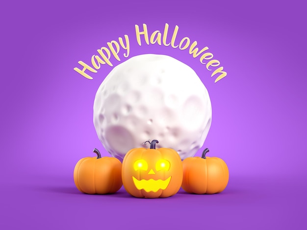 Buon halloween con il personaggio delle zucche sotto la luna su sfondo viola rendering 3d