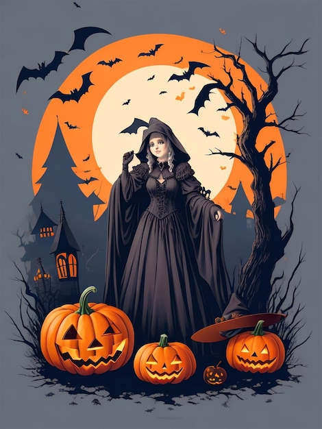 A happy Halloween with pumpkins and a witch's hat gothic art spooky