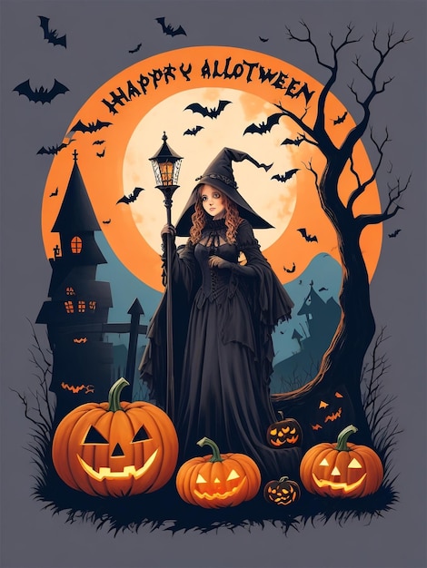 A happy Halloween with pumpkins and a witch's hat gothic art spooky