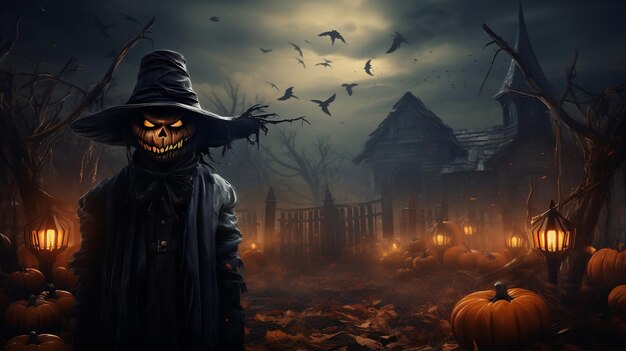 Photo happy halloween with scarecrow pumpkin spooky castle background