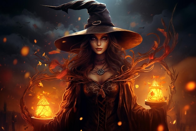 Happy Halloween with Spooky Decorations and Witches in a Mysterious Autumn Night