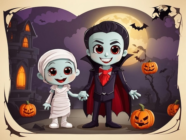 Happy halloween with vampire and mummy cartoon