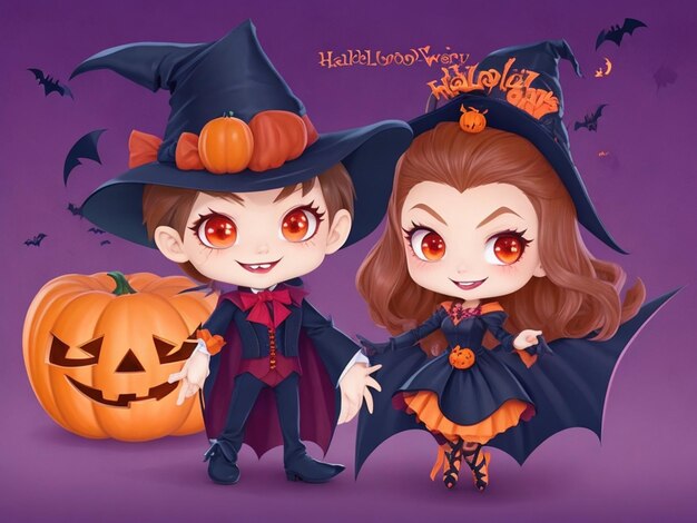 Happy halloween with vampire and witch cartoon