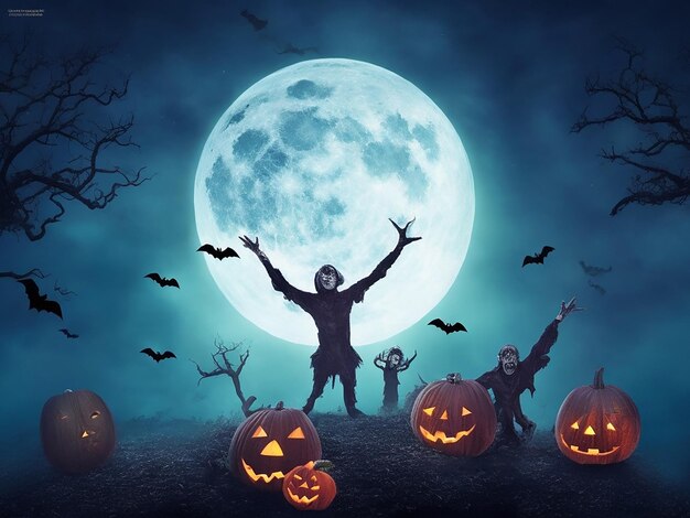 Happy halloween zombie hands and full moon background