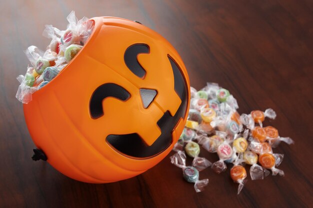 Happy halloweenpumpkin candy bowl with lollipopsholiday sales and discountssweet party dessertsautumn scary decorations