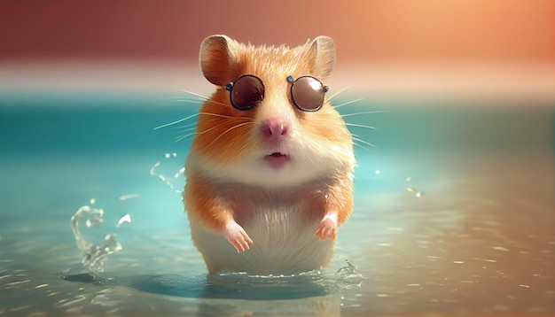 Happy Hamster having fun at summer holidays in a swimming pool