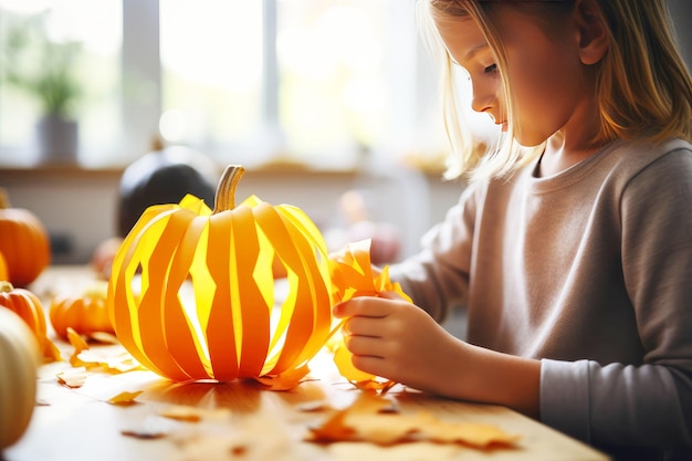 Happy handmade halloween kid creating an orange paper jackolantern