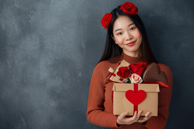Счастливая красивая азиатская женщина держит красную и розовую коробку подарков на день святого Валентина на синем фоне