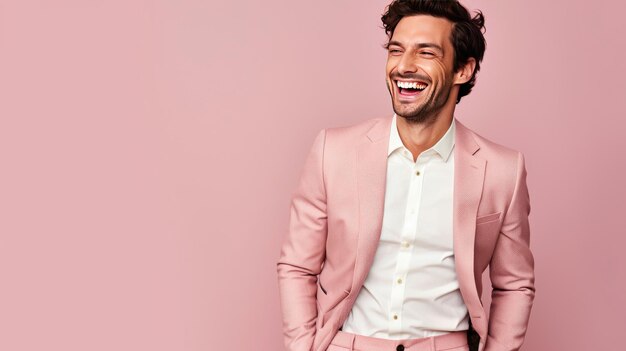 A happy handsome business man who is smiling and laughing wearing bright clothes on bright solid light color background generative ai