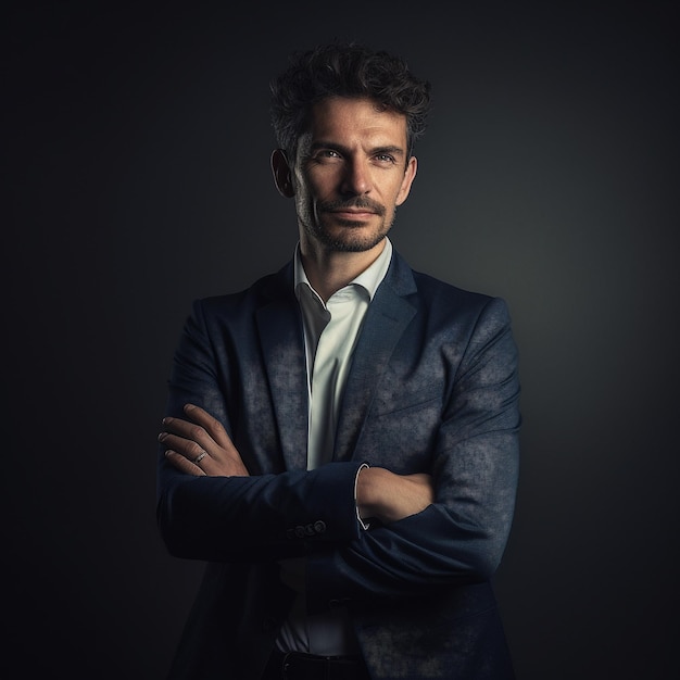 Happy handsome businessman against minimalist backdrop with crossed arms Generative AI