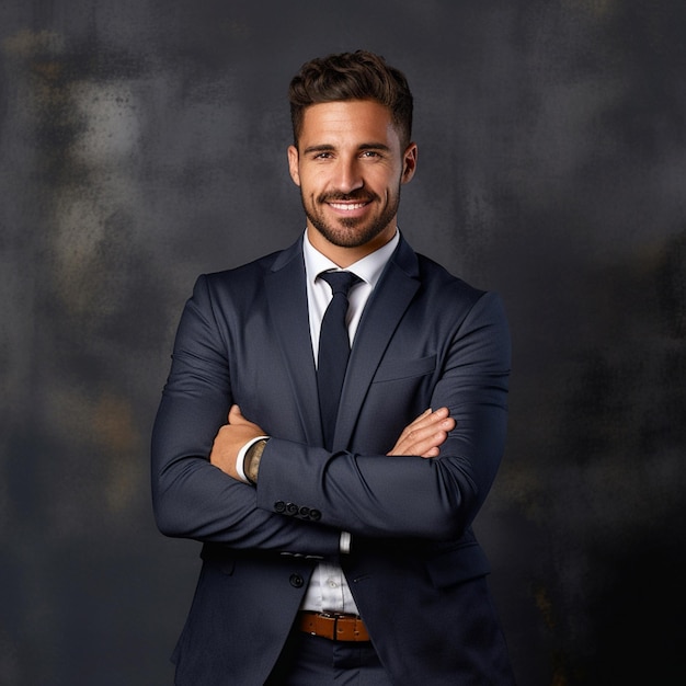 Happy handsome businessman with crossed arms minimalist backdrop business work office guy man