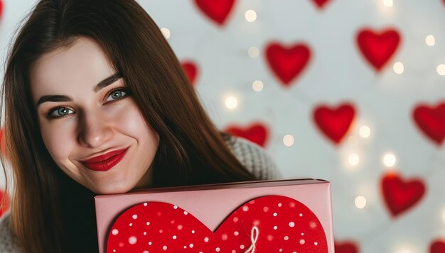 Foto felice bella donna caucasica tiene una scatola regalo rossa e rosa valentine giorno sfondo grigio