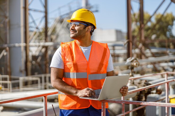 Photo happy handsome engineer wearing hard hat and safety glasses using laptop while working at manufacturing facility
