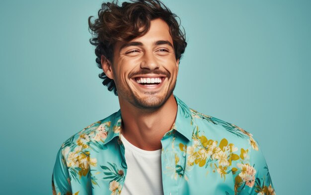 happy handsome fashion man smiling and wearing colorful flower pattern shirt