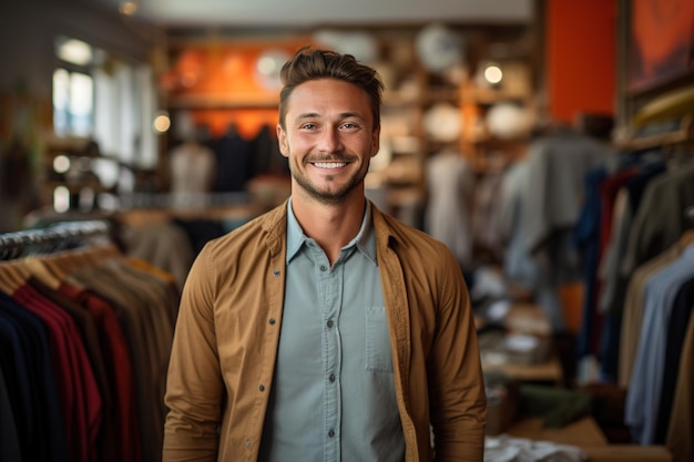 Foto felice uomo bello che compra in un negozio di abbigliamento guardando la telecamera shopping shopaholic sales