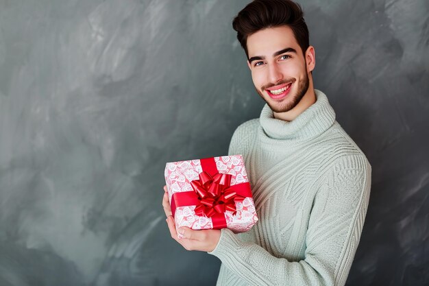 Foto uomo felice e bello tiene una scatola regalo rossa e rosa il giorno di san valentino in grigio