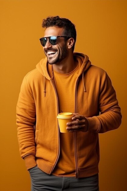 счастливый красивый мужчина с закрытыми глазами держит горячий утренний кофе парень наслаждается питьем кофе на вынос