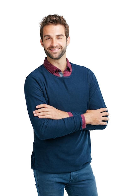 happy handsome and portrait of man with arms crossed isolated on a white background in studio fashion smile and person with arms folded with pride happiness and confidence on a studio background