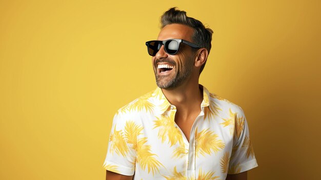 happy handsome young man laughing wearing sunglasses and summer shirt on yellow background