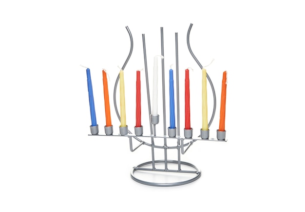 Happy Hanukkah and Hanukkah Sameach - traditional Jewish candlestick with candles on white background.