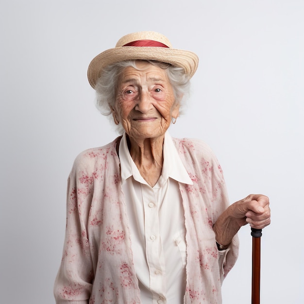 Foto una donna felice e sana di 85 anni con un bastone.