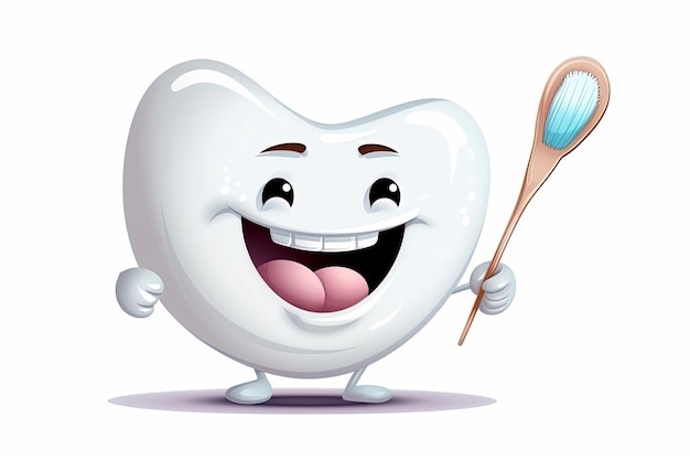 Happy healthy character tooth with toothbrush on white background Generative AI illustration