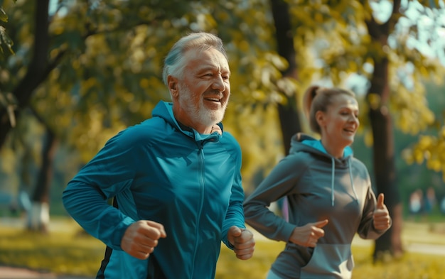 Happy and healthy lifestyles of old peoples running in the park Generative AI