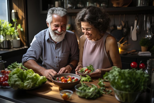 happy and healthy seniors prepare vegan food at home