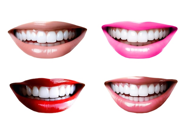 Happy healthy smiles set clean perfect teeth and lips isolated on white background