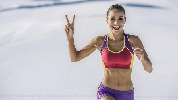 Photo happy and healthy sportswoman shows peace vsign and smiling wearing sports clothing