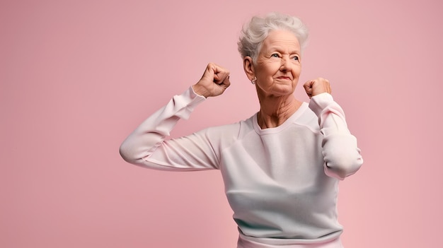 Foto una donna anziana felice e sana che mostra i muscoli del biceps