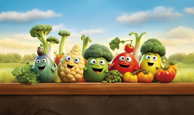 Happy healthy vegetables in a rowCartoon vegetable characters Vegetable emoticons Cucumber tomator