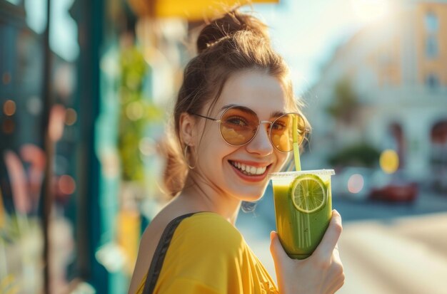 Happy healthy woman drinking green smoothie morning street food prank image