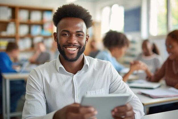 Happy high school African American teacher using digital tablet and looking at camera