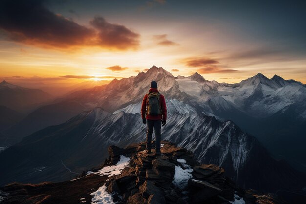 Фото Счастливый турист с закатом на вершине горы генеративный ии