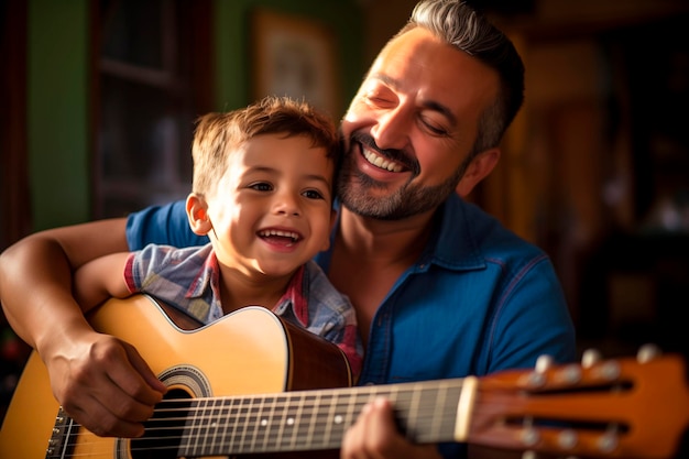 写真 幸せなヒスパニック系の父親が息子にギターを弾く方法を教えています