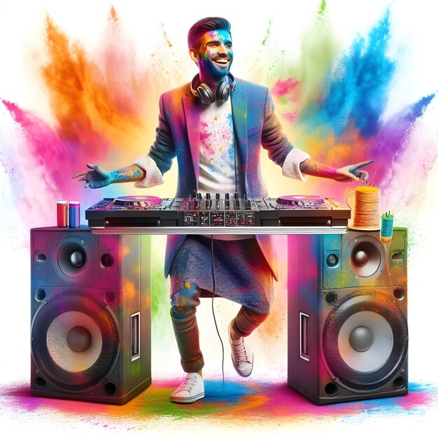 Happy Holi Art wishes DJ Music party colorful splash playing holi white background