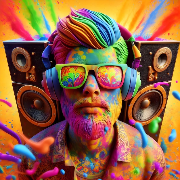 Happy Holi Art wishes DJ Music party colorful splash playing holi white background